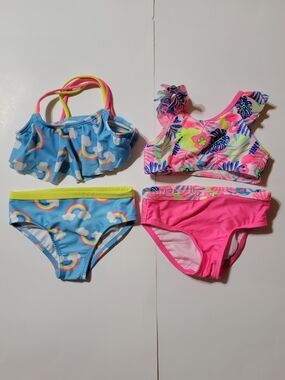 Title: Wonder Nation Toddler Girls Swimsuit Lot Size 2T Rainbow & Flamingo Bikin